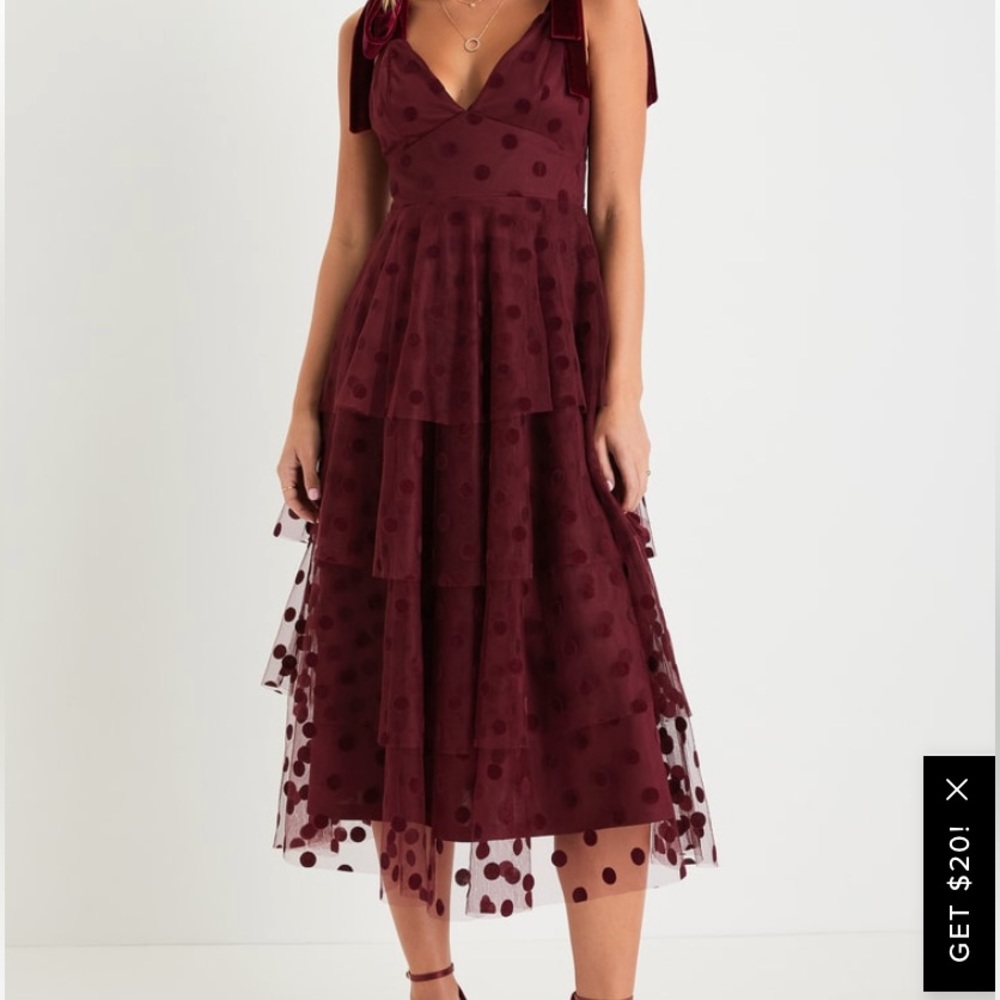 Lulu's Burgundy Polka Dot Tulle Midi Dress